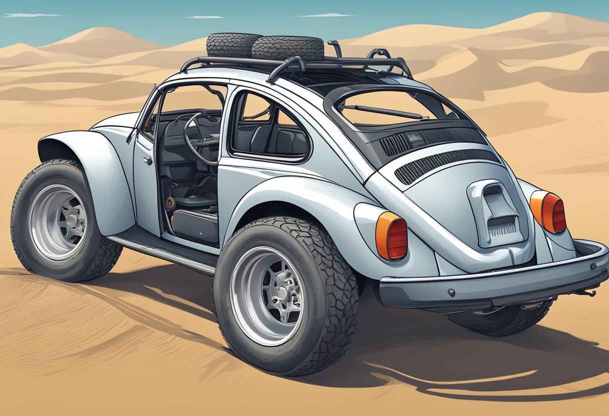 A VW Beetle chassis being modified and fitted with off-road tires, roll cage, and suspension to create a dune buggy