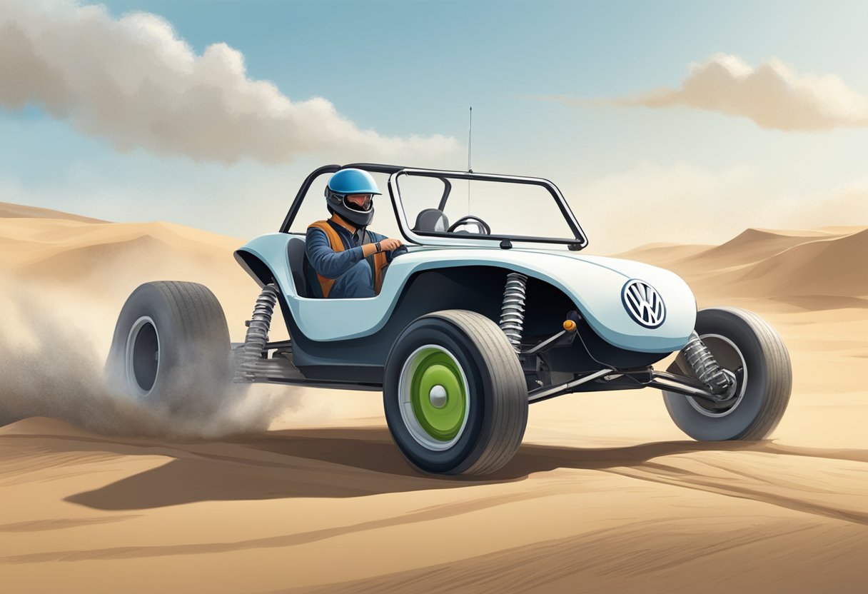 An engineer tests safety measures on a dune buggy built from a VW Beetle, conducting rigorous testing on the vehicle's frame, suspension, and braking system