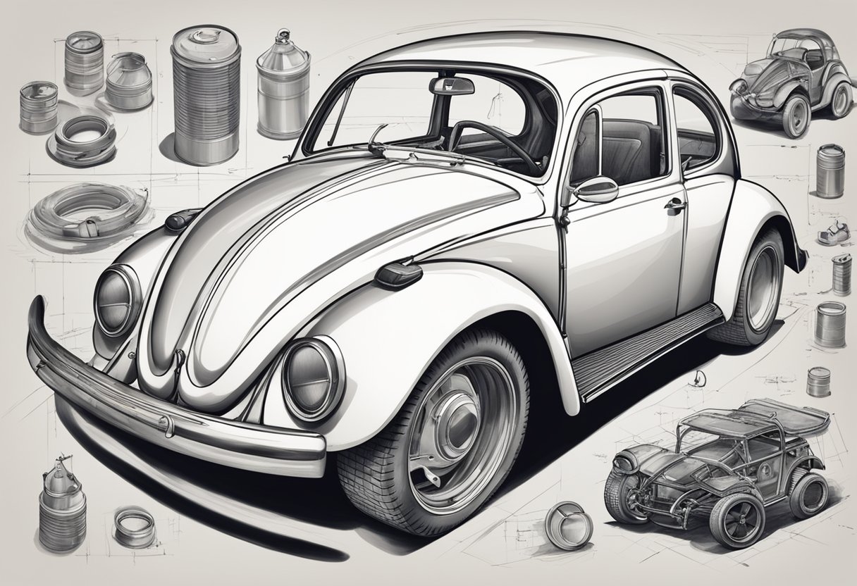 A VW Beetle stripped down, parts scattered. Welding torches, paint cans, and custom fabrication tools strewn about. Blueprint sketches of a dune buggy design hang on the wall