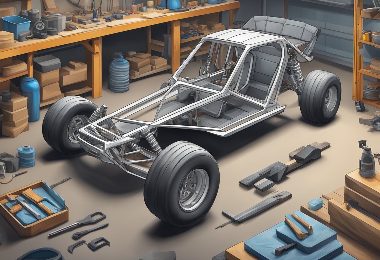 A dune buggy chassis sits in a workshop, surrounded by tools and materials. A fiberglass shell is being carefully molded and shaped over the frame