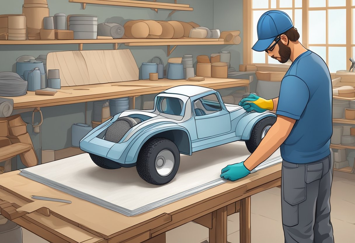 A person gathers fiberglass sheets, resin, and molds to build a dune buggy. Tools like sandpaper and a sander are laid out on a workbench