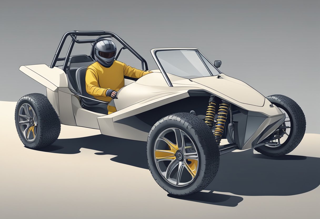 A person assembles a dune buggy using fiberglass parts