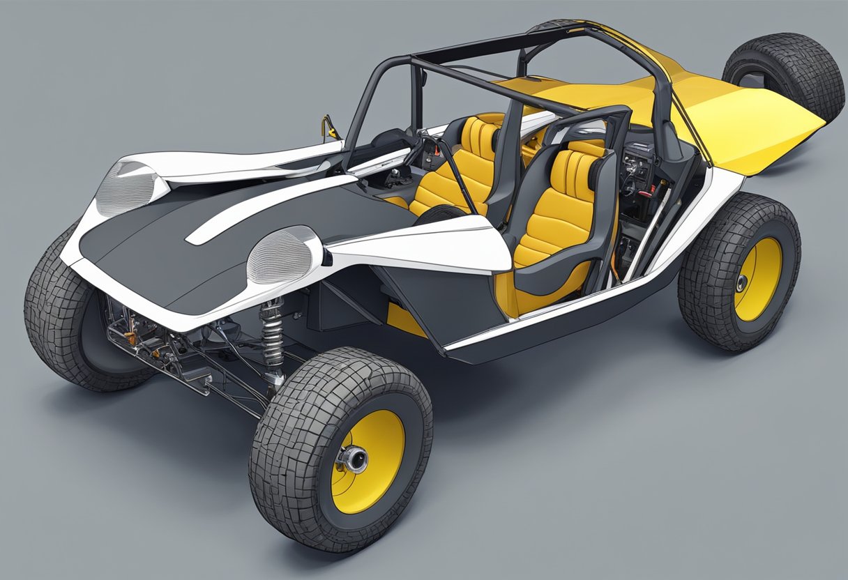 A fiberglass dune buggy is being assembled with an electrical system installation in progress. Wires are being carefully routed and connected to various components within the vehicle's frame