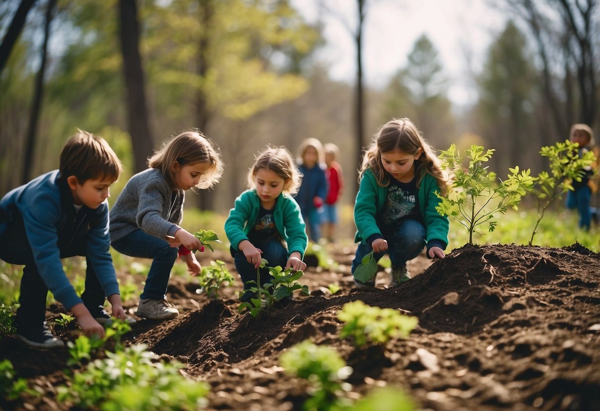 Children planting trees, picking up litter, and exploring nature trails on Earth Day