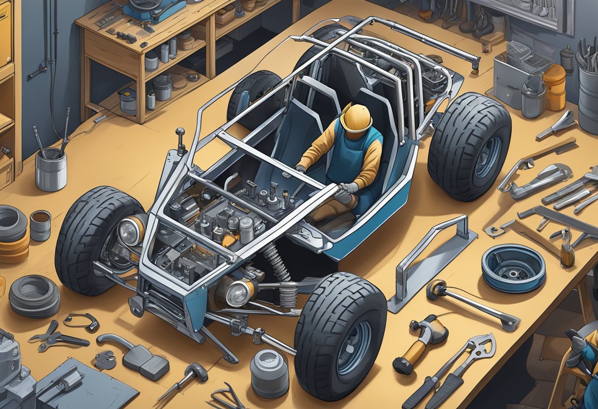 A person welding together a metal frame for a Manx dune buggy, surrounded by various tools and parts on a workbench