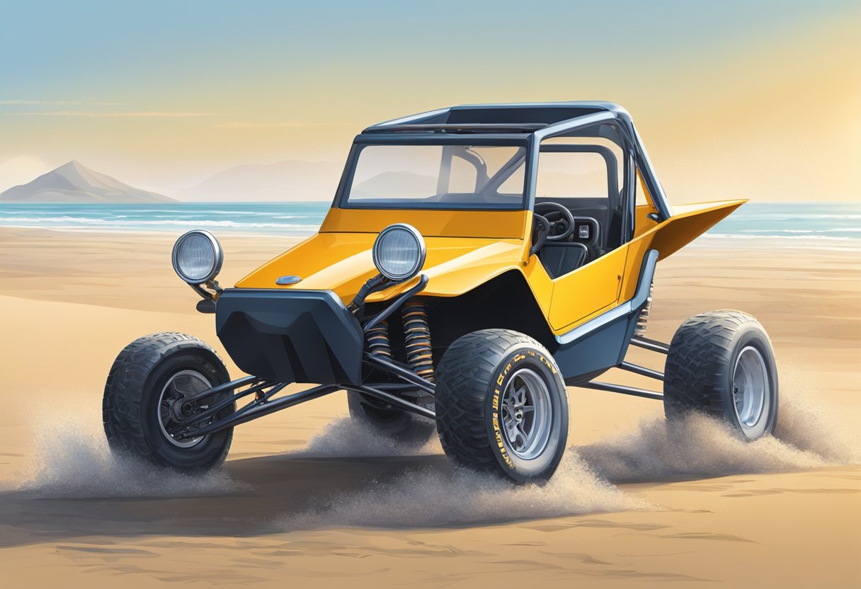 A manx dune buggy sits on a sandy beach, its sleek, aerodynamic design catching the sunlight. The rugged tires and raised chassis hint at its off-road capabilities. A sense of adventure and freedom emanates from the vehicle