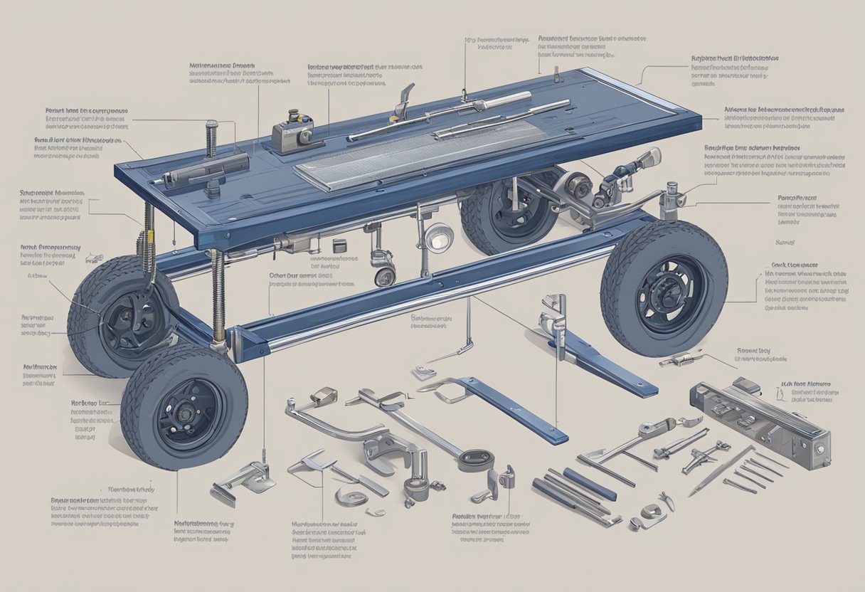 A workbench with various tools, including wrenches, screwdrivers, and a welding machine. A blueprint of the dune buggy, along with metal sheets and tubes, are also present