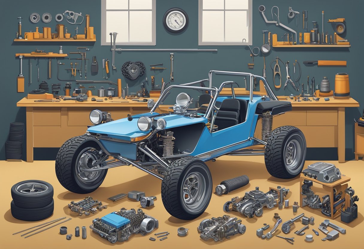 A mechanic assembles engine and transmission for a Manx dune buggy. Parts laid out on a workbench, tools scattered around