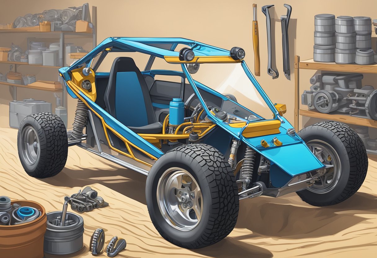 An engine and drivetrain are being installed into a sand rail dune buggy, with tools and parts scattered around the workshop floor