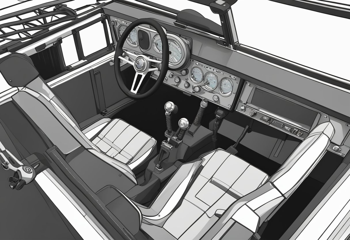 The interior of the manx dune buggy features bucket seats, a roll cage, and a minimalist dashboard with essential gauges and controls