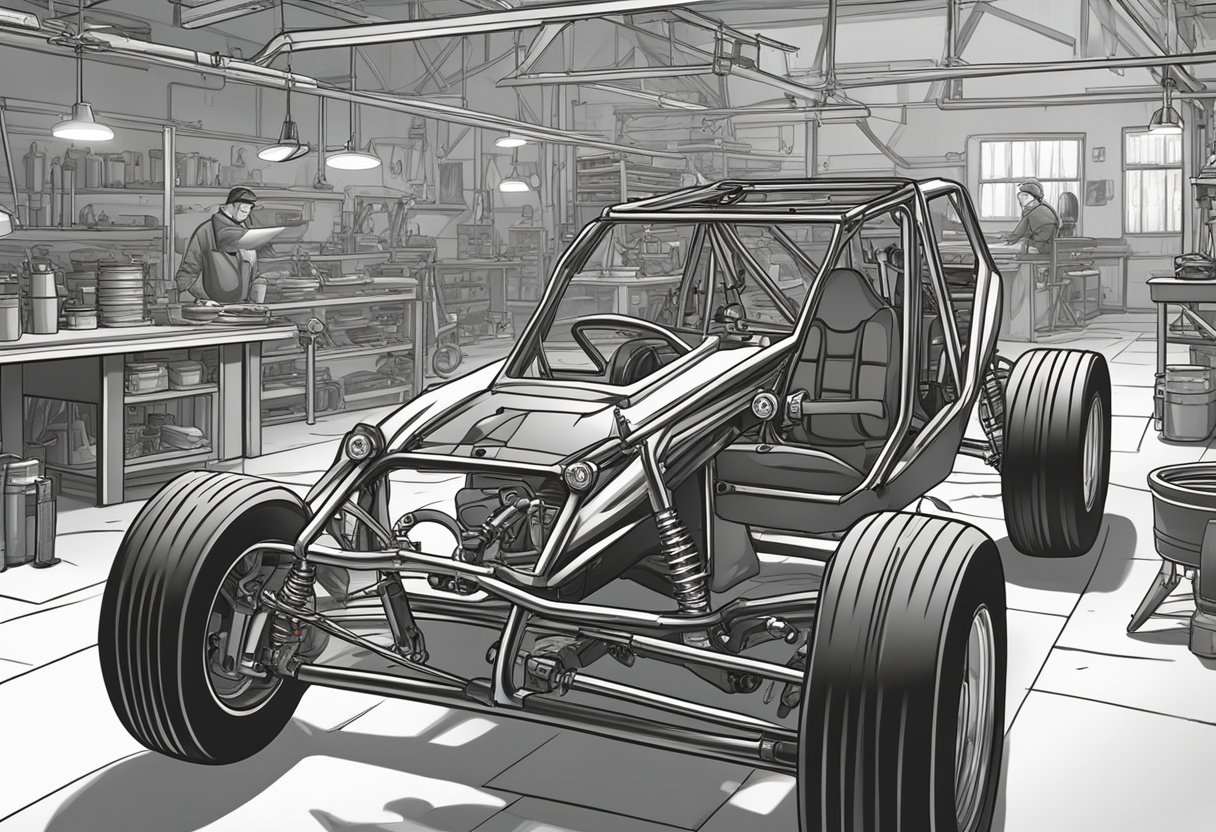 A mechanic welds a roll cage onto a stripped-down dune buggy chassis, surrounded by tools and parts in a bustling workshop