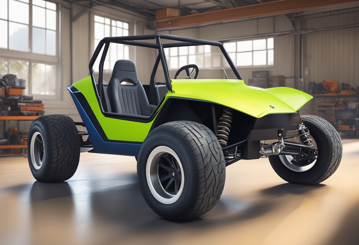 The manx dune buggy is being constructed with safety features, including roll bars and seat belts, in a well-lit workshop