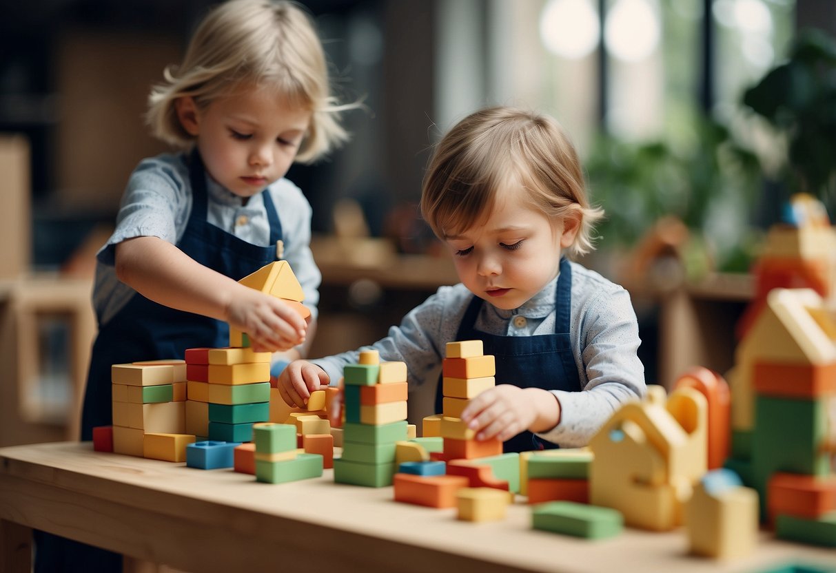 Children building with colorful blocks, exploring animals in a pretend zoo, and creating art with aprons and easels