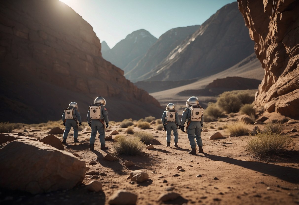 Astronauts exploring an alien planet, uncovering ancient artifacts and encountering alien wildlife