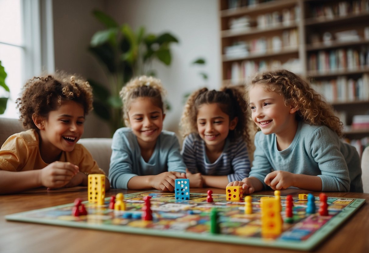 Children playing board games in a cozy living room. A bookshelf filled with educational games and activities. Bright colors and laughter fill the room