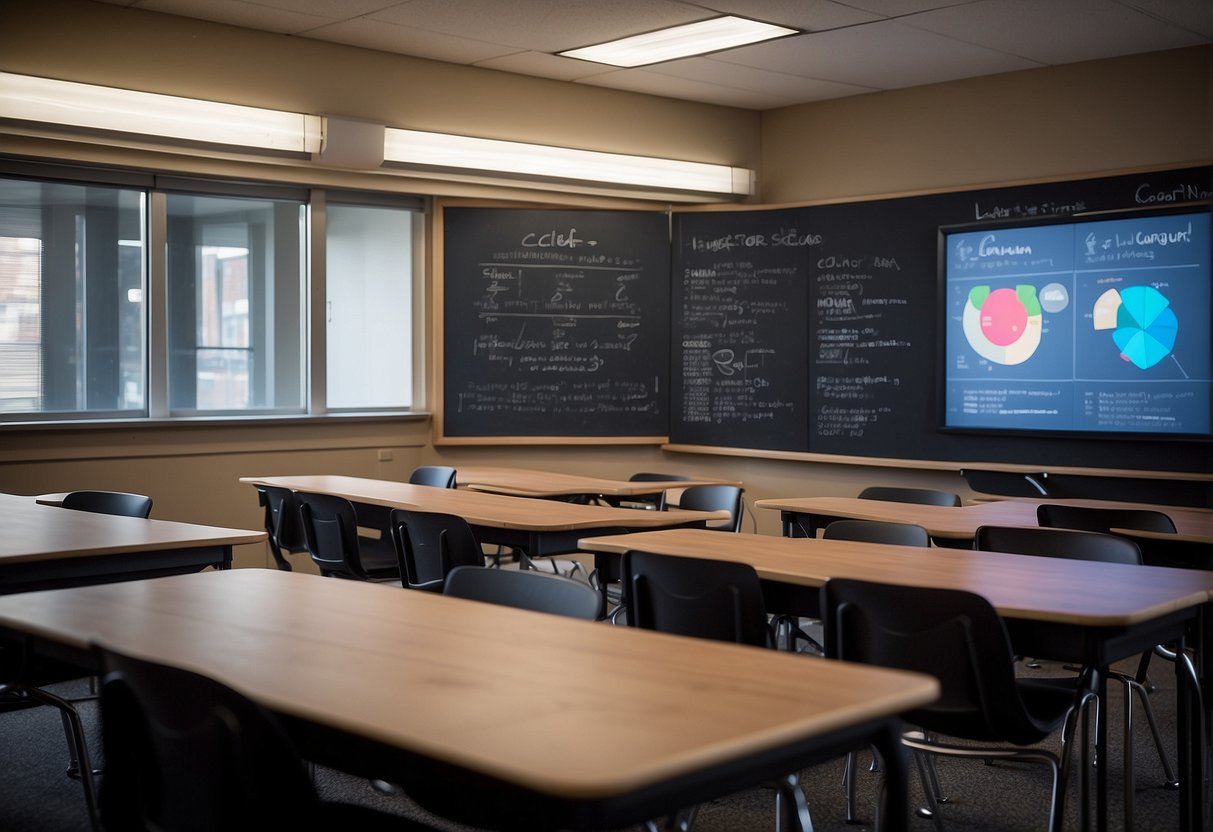 A classroom with colorful charts, books, and computers. A chalkboard displays "Integrating Letter C into Learning Modules Activities that start with C."