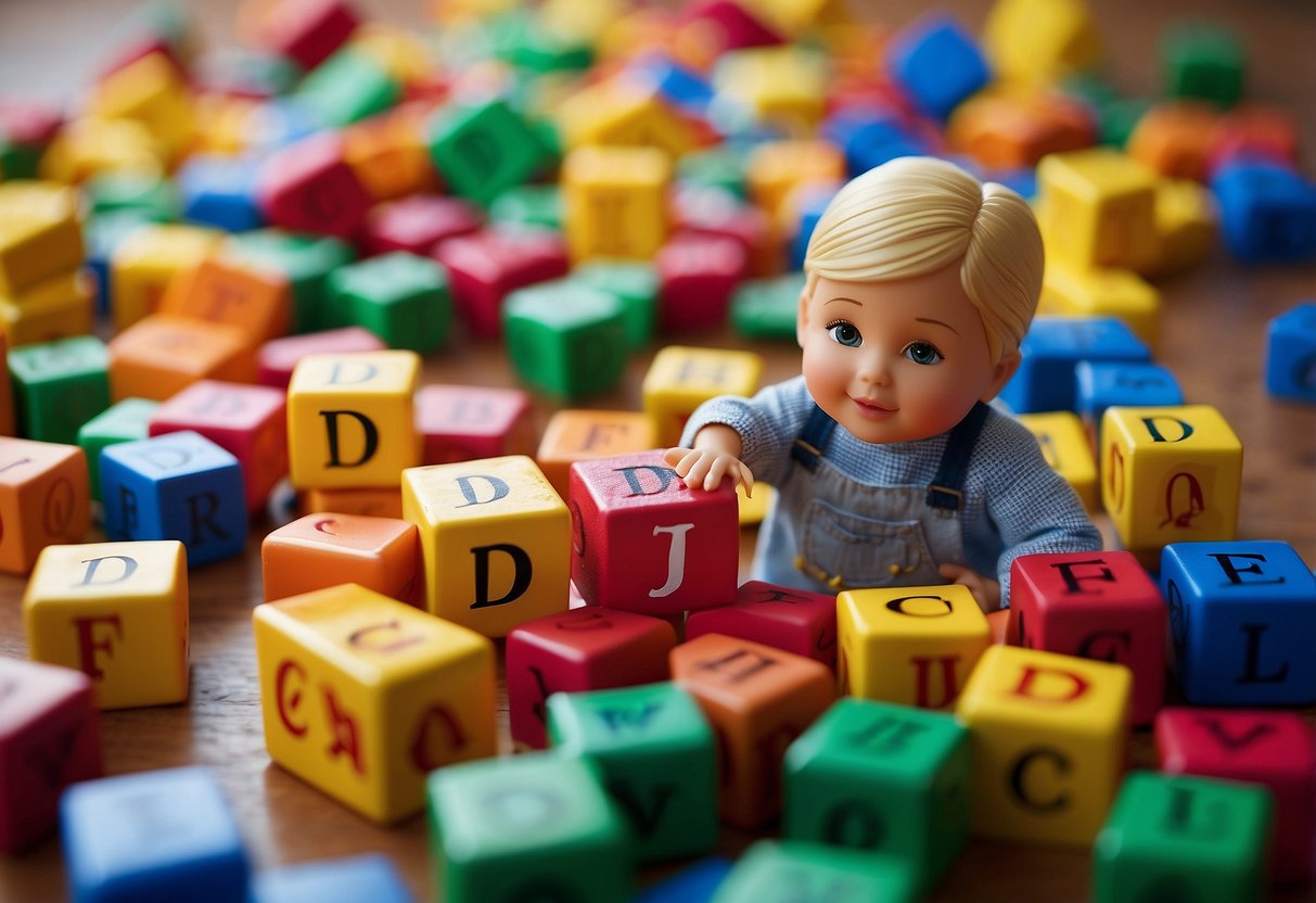 Children diving into a pile of colorful letter blocks, finding and matching objects that start with the letter "D" - like a doll, a duck, and a drum