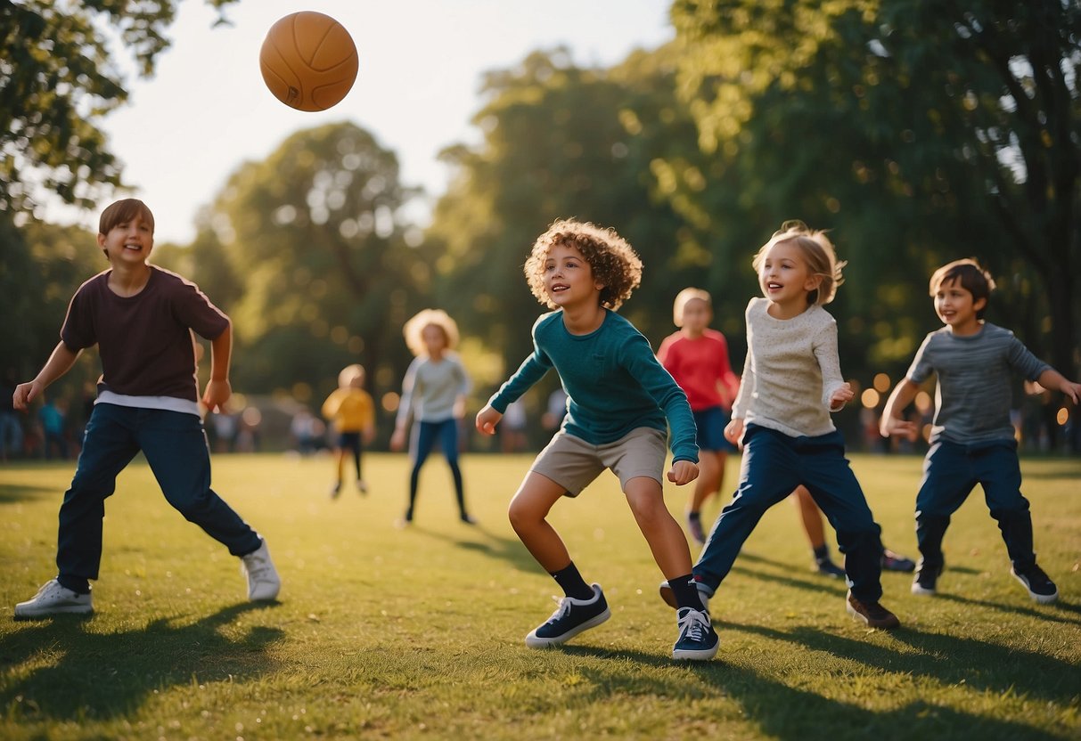 Children playing dodgeball, dancing, or doing cartwheels in a park