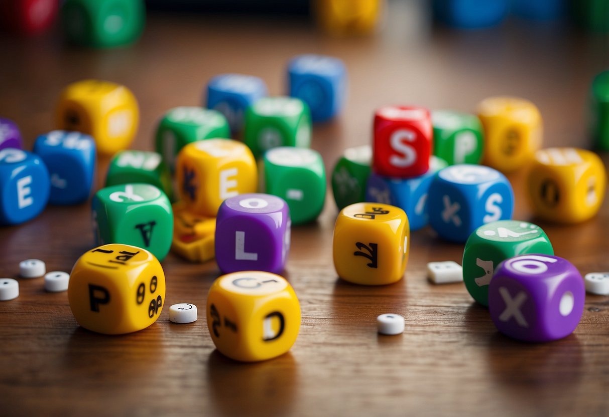 Children playing with dice, dominoes, and word puzzles. A colorful board with letters and numbers. Books and educational toys scattered around