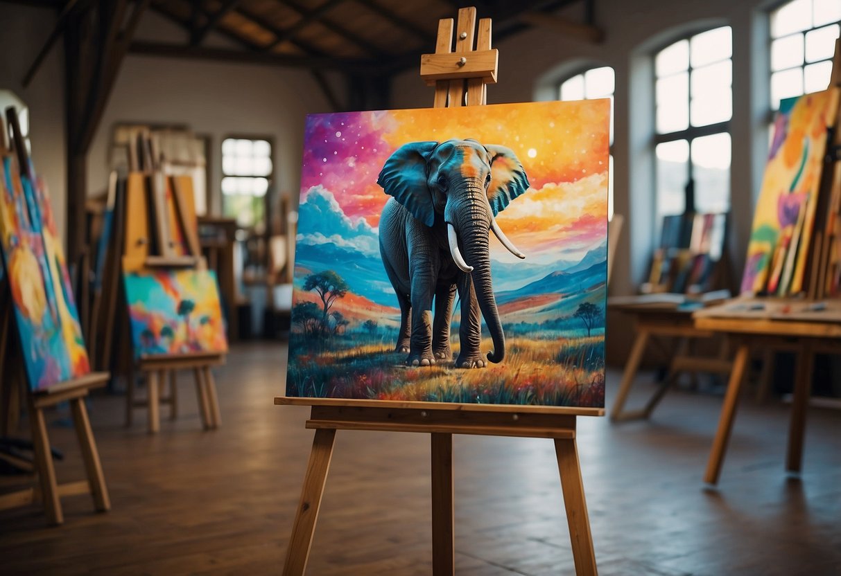 An easel with an elaborate painting of an elephant, surrounded by colorful easels, easement, and energetic easels