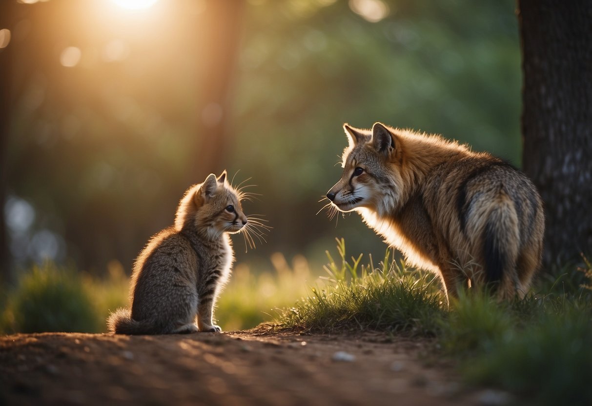 Animals enjoying an early morning exercise, exploring the environment, and engaging in playful interactions