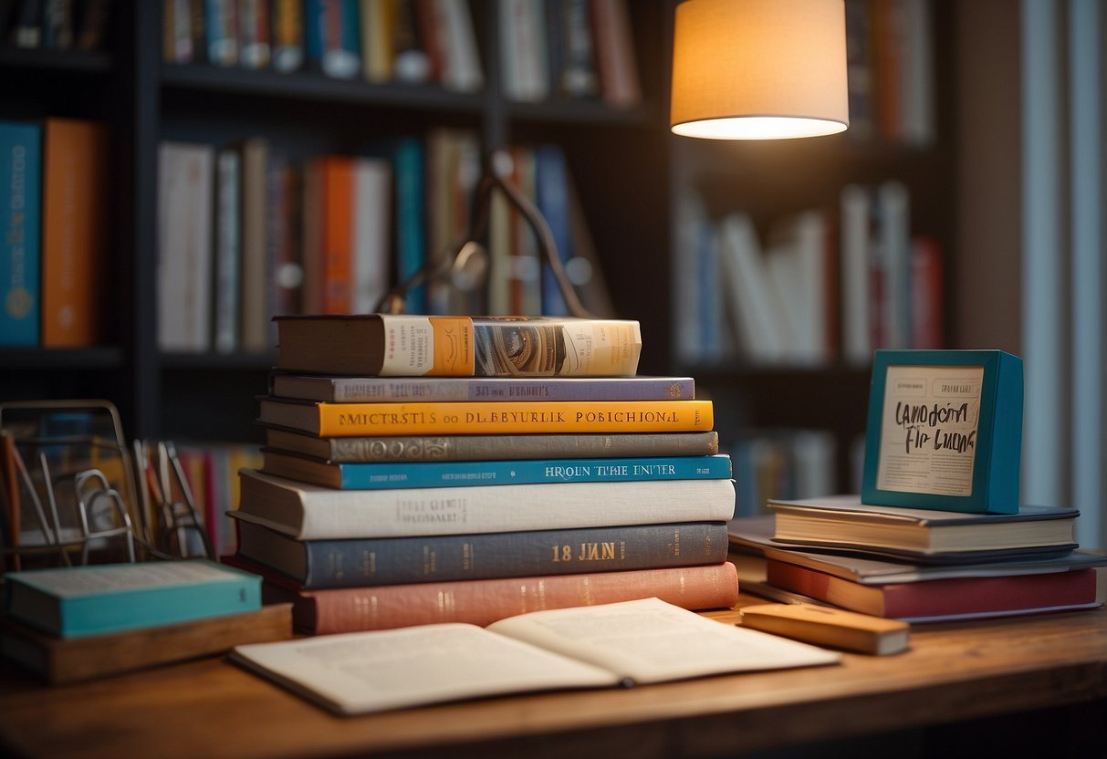 A group of books, pencils, and an easel sit in a well-lit room, surrounded by colorful posters and educational materials