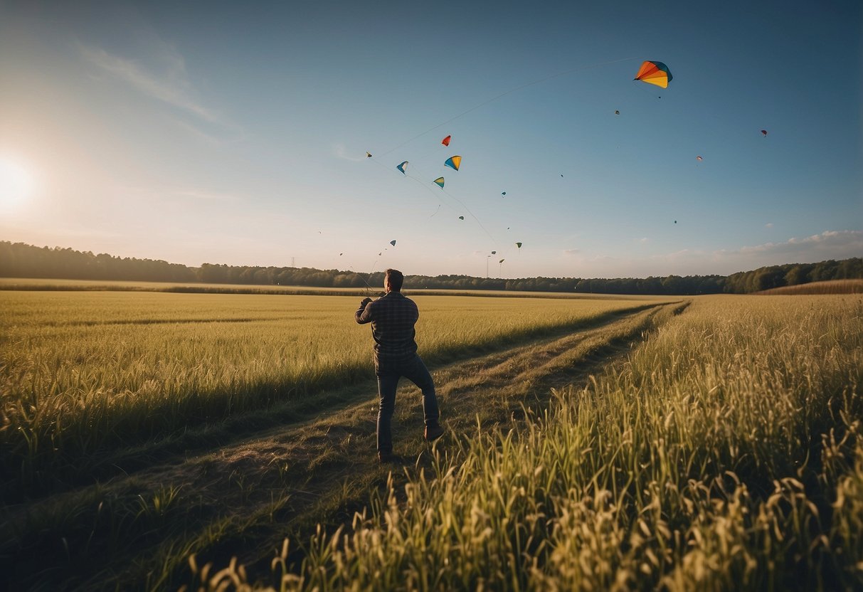 Fishing, football, fencing, farming, and flying kites in a field