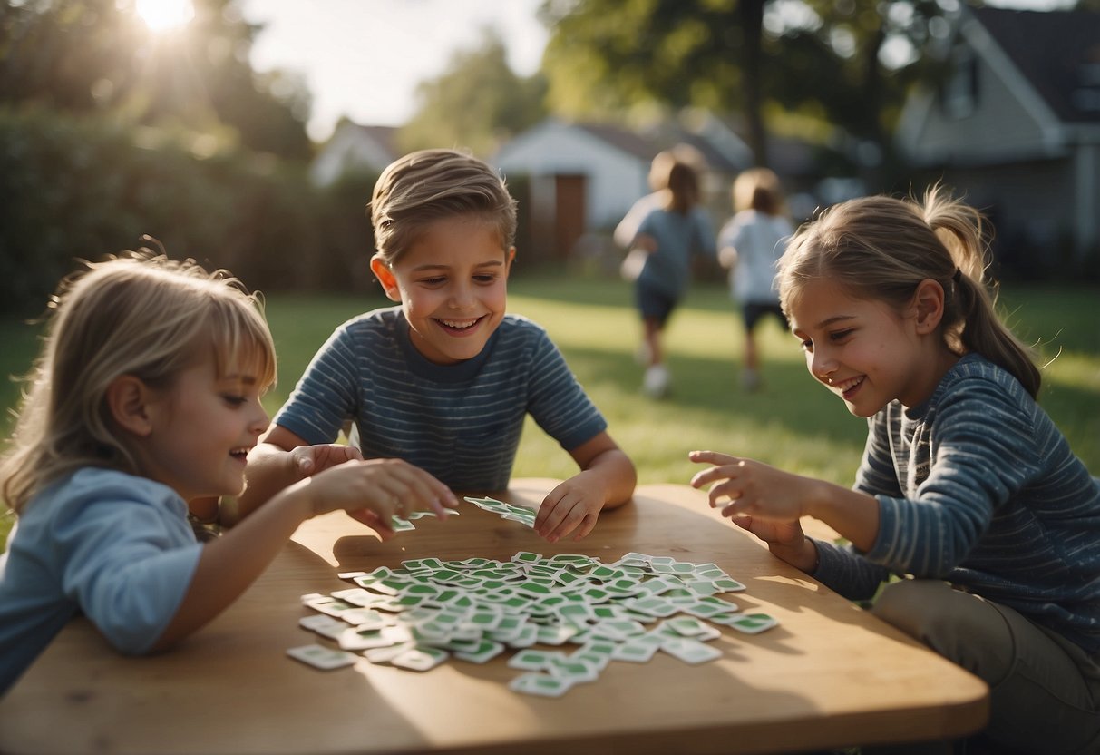 Children playing with flashcards in a friendly classroom, while a family enjoys a fun-filled game of football in their backyard