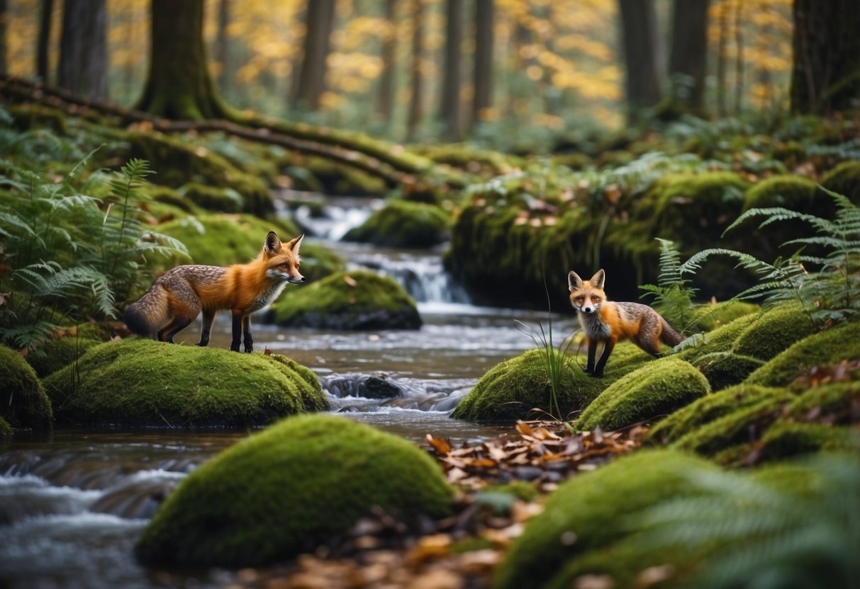 A forest with ferns, flowers, and a flowing river. A family of foxes frolics among fallen leaves