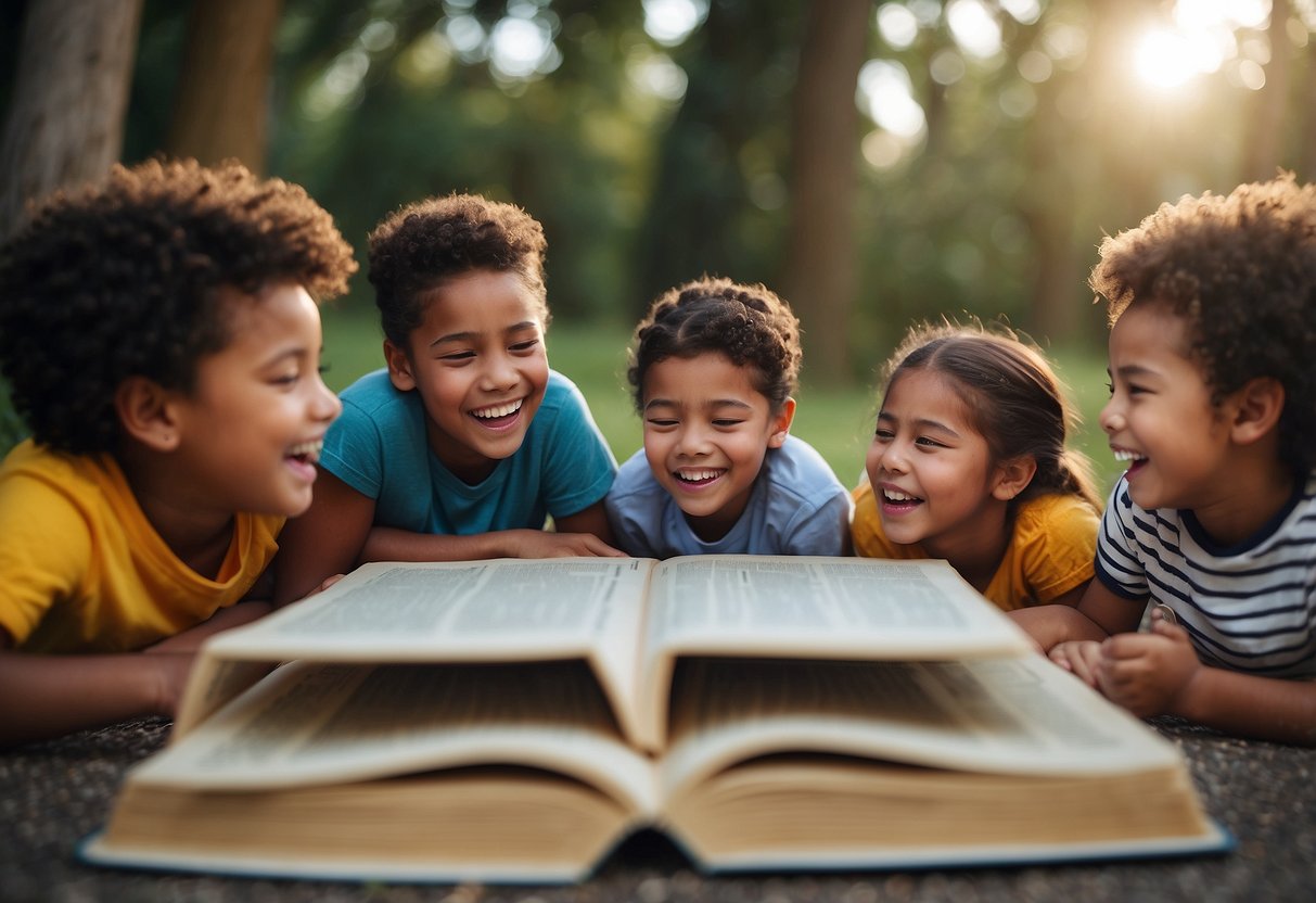 Children gather around a giant book, giggling and gesturing as they engage in group storytelling games