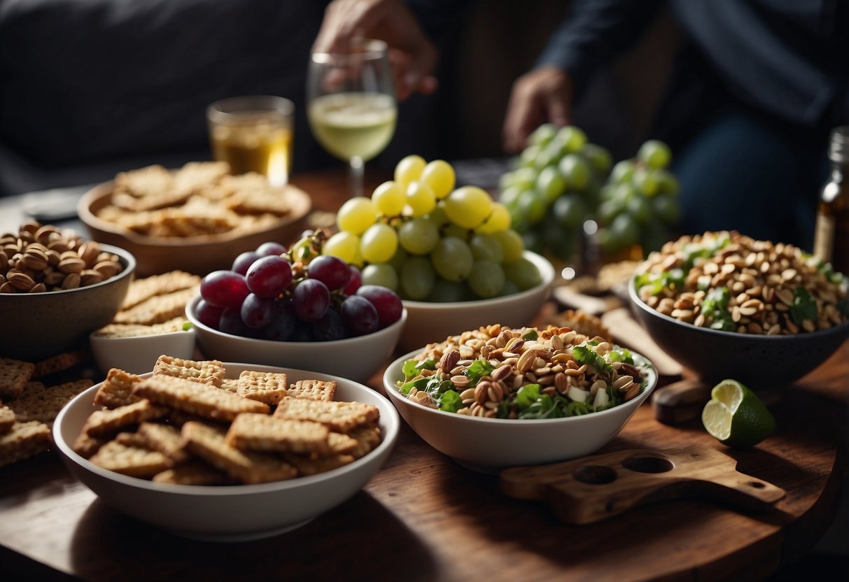 A group gathers for a game night, with a table full of goodies like grapes, guacamole, and granola bars