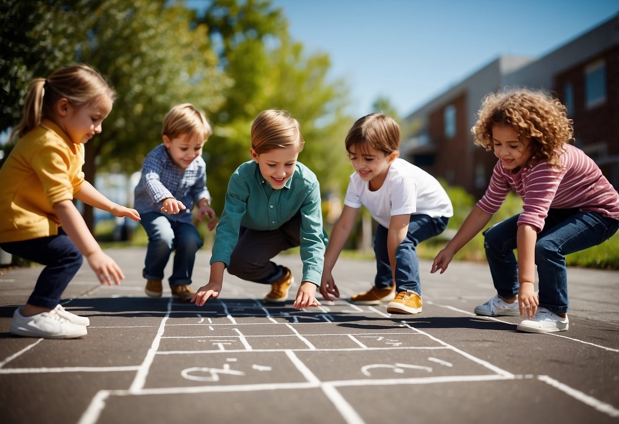 Children happily playing hopscotch, solving puzzles, and having fun with hands-on experiments