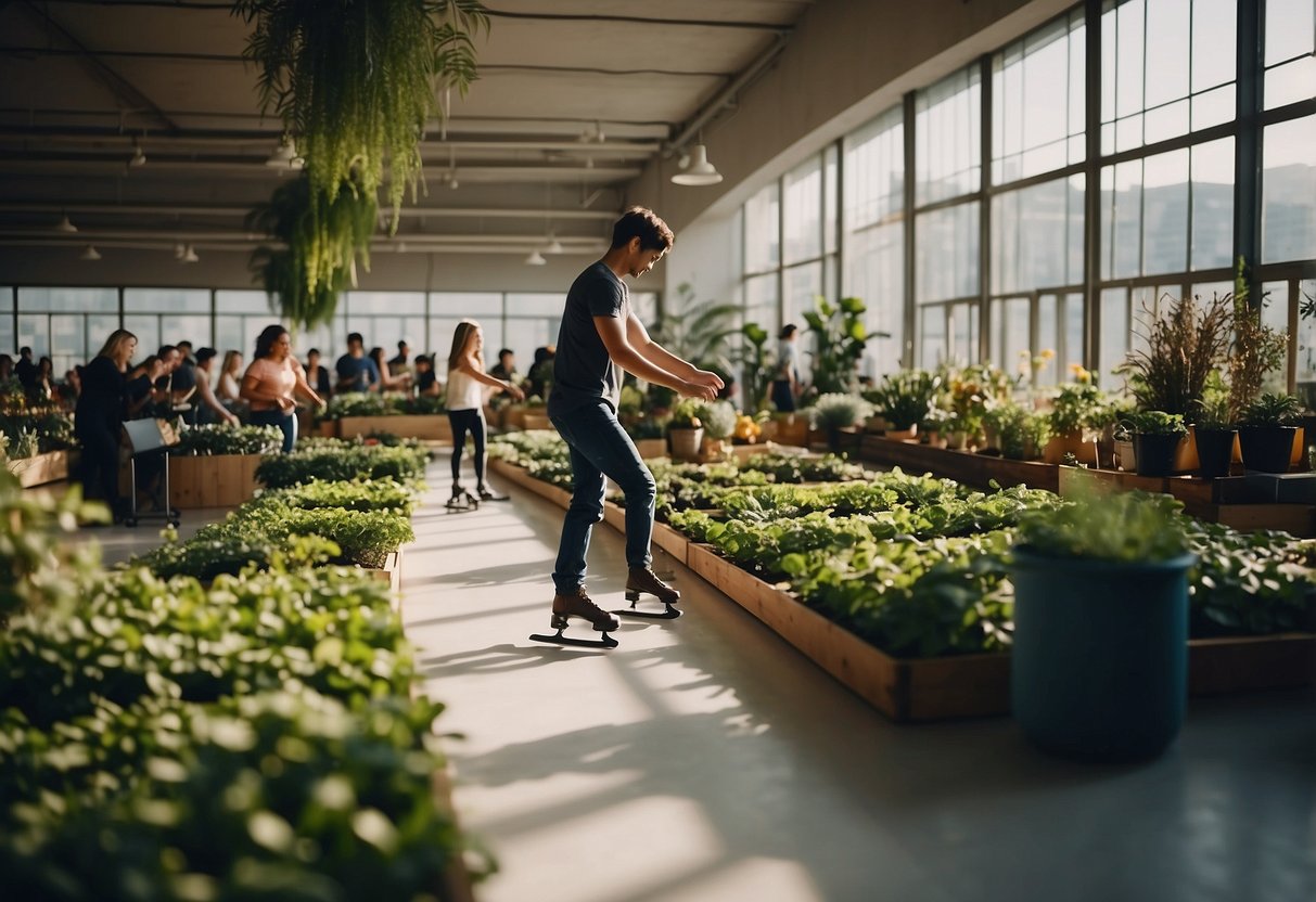 People inside a room, engaging in indoor activities starting with "I" such as ice skating, indoor gardening, or playing instruments