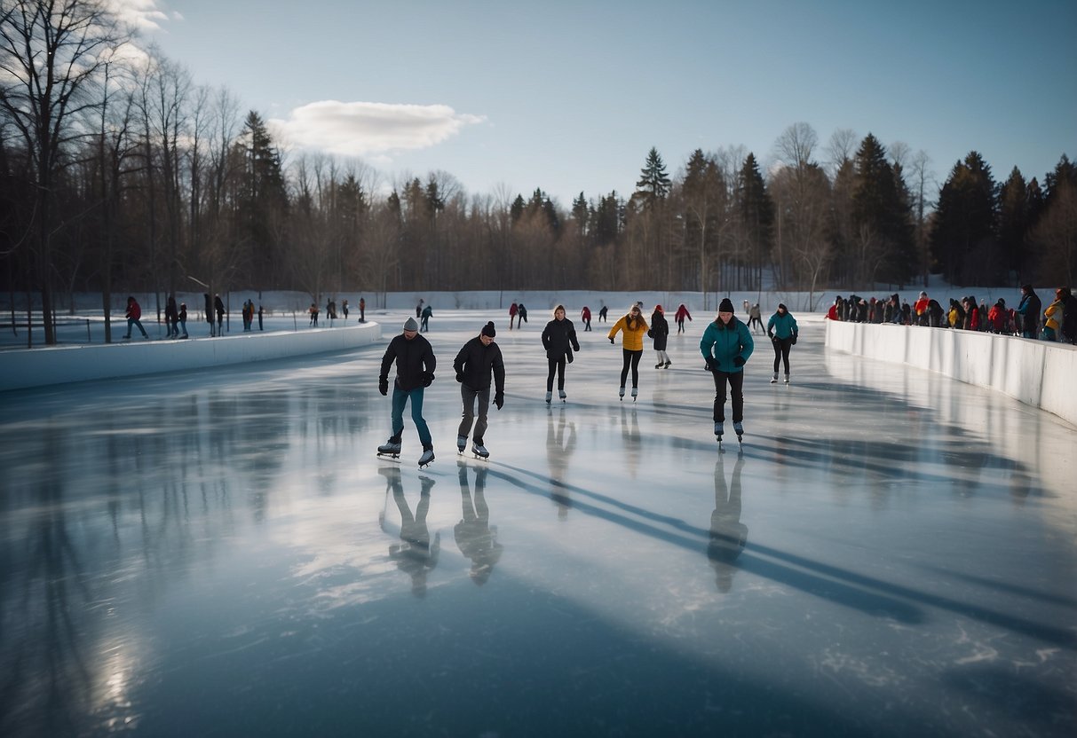 Individuals ice skating on a frozen pond, with others playing ice hockey in the background