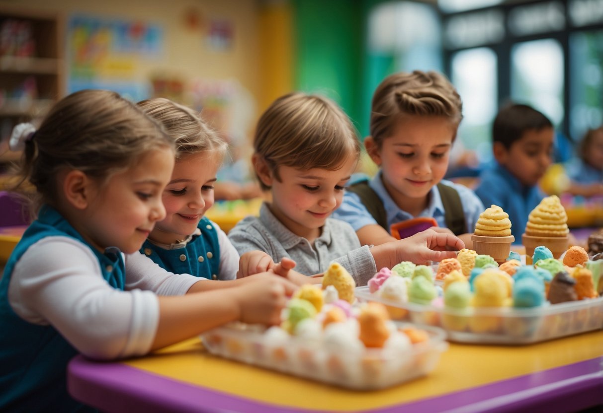 Children engaging in interactive activities like ice cream making, instrument playing, and insect exploration in a colorful classroom setting