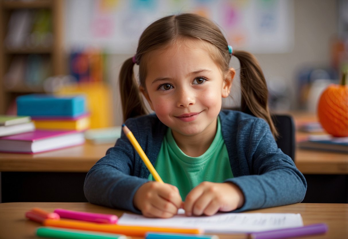 A child is sitting at a desk, surrounded by colorful writing exercises and printable activities that start with the letter "I". Books and pencils are scattered around the table