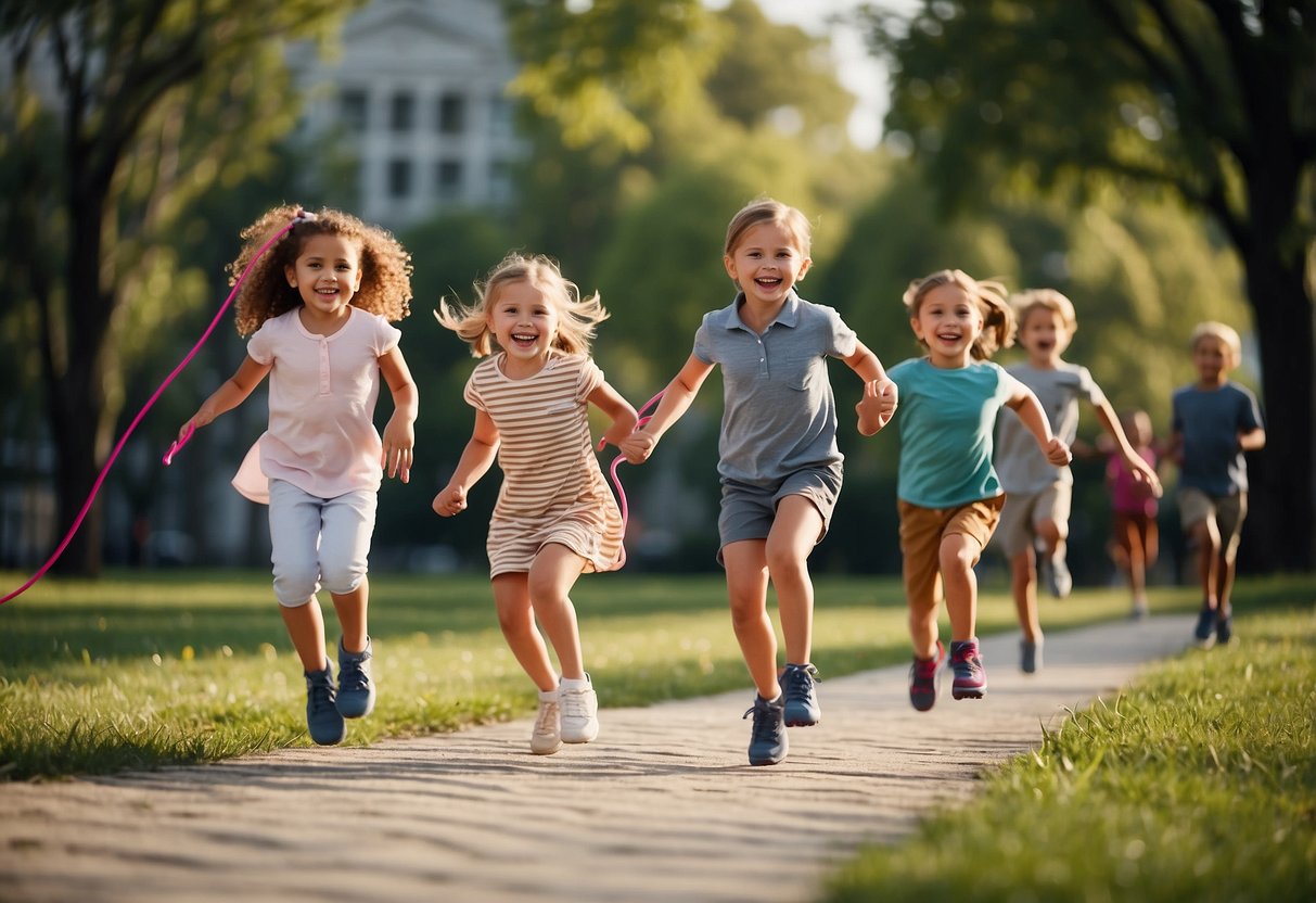 Children jumping rope in a joyful park setting