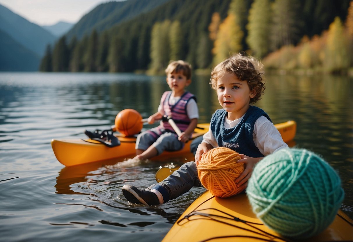 Kids kicking soccer balls, kayaking on a lake, and knitting with colorful yarn