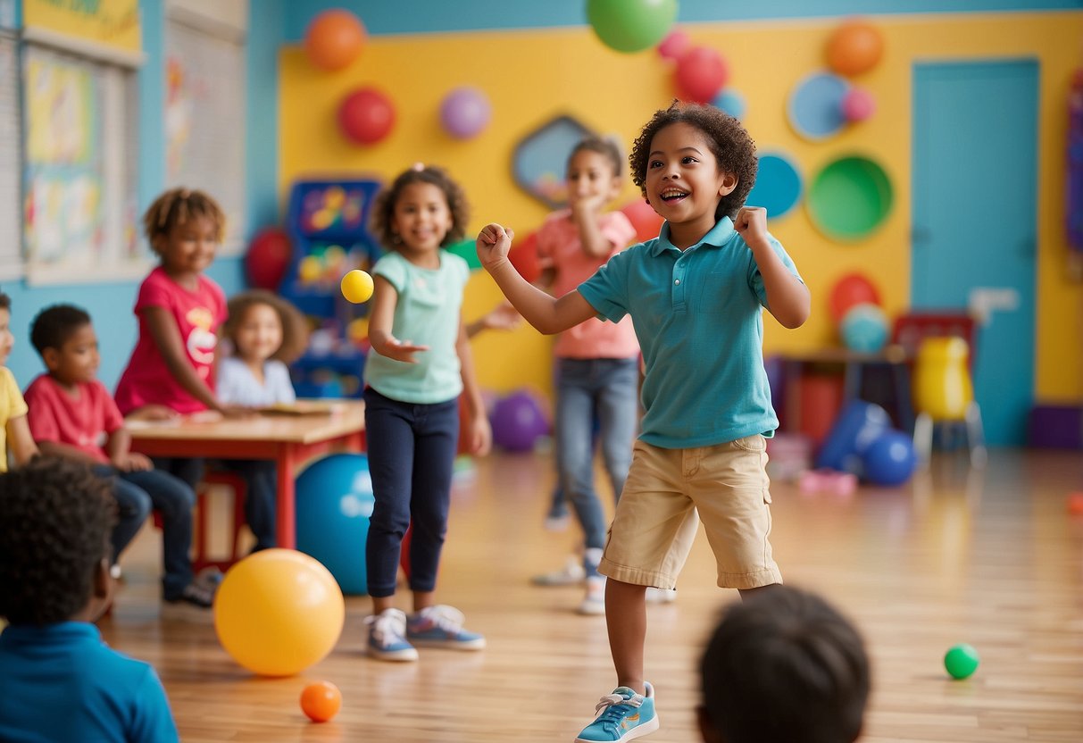 Children playing educational games and activities like karaoke, kite flying, and kickball in a colorful and vibrant classroom setting