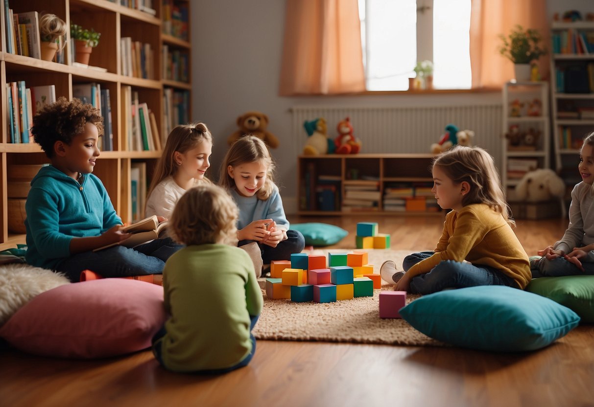 Children gather around a colorful bookshelf, eagerly listening to a storyteller. A stack of books and alphabet blocks sit nearby. A cozy rug and bean bags create a welcoming space for literacy activities