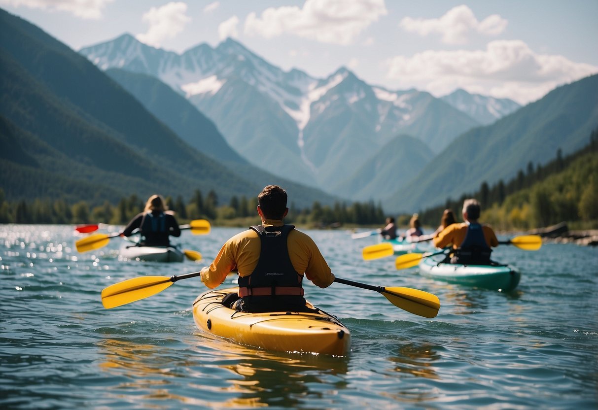 People kayaking, kite flying, and kickboxing outdoors with mountains in the background