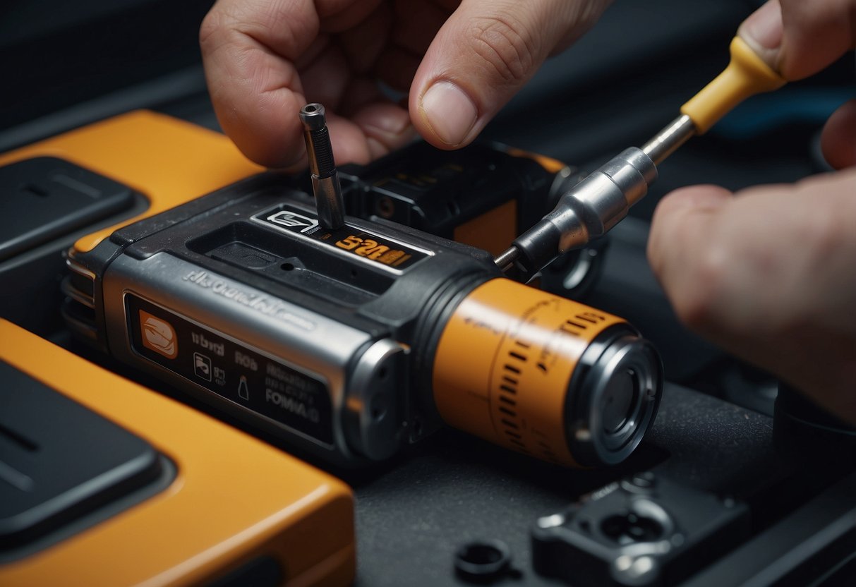 A close-up of a Milwaukee battery being reset with a tool