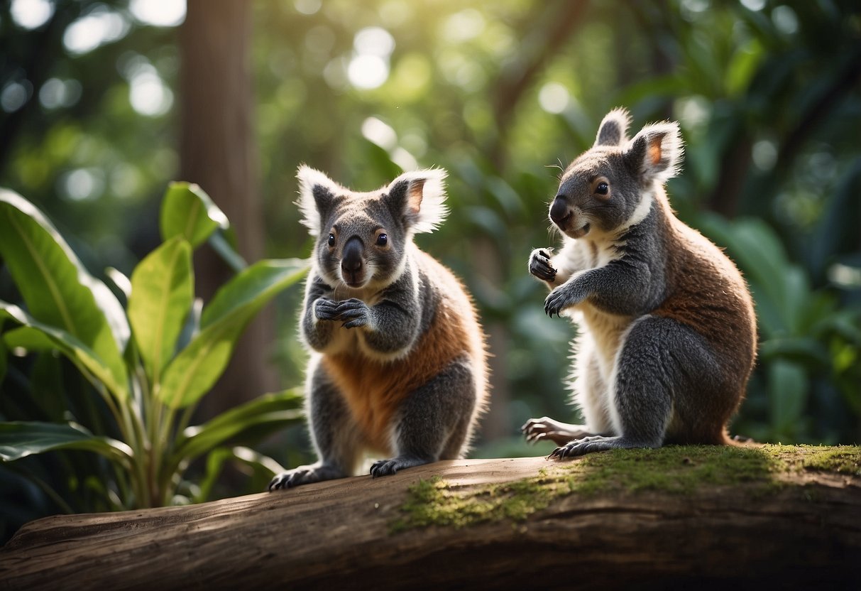 Animals frolic in a lush, green zoo habitat. Kids observe and interact with kangaroos, koalas, and other creatures