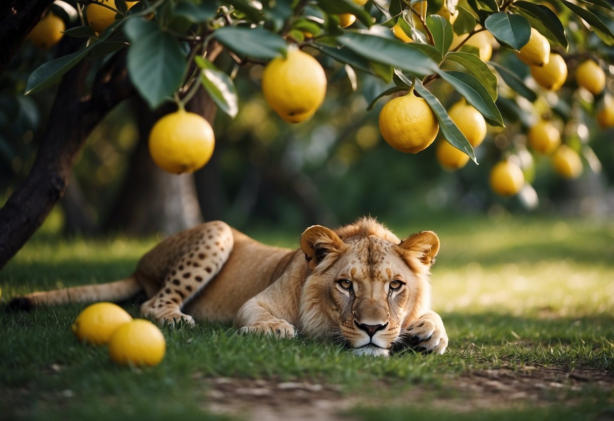 A lion lounges lazily under a lush lemon tree, while a ladybug lands lightly on a leaf