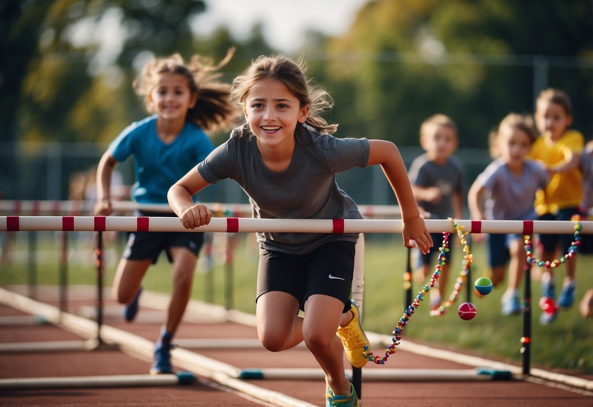 Children leaping over hurdles, lobbing balls into targets, and lacing beads onto strings