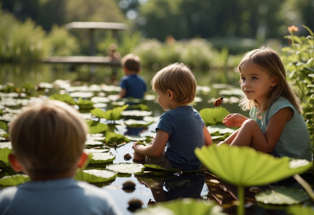 Children observing ladybugs on leaves, a lizard basking in the sun, and a group of kids examining a pond filled with lily pads