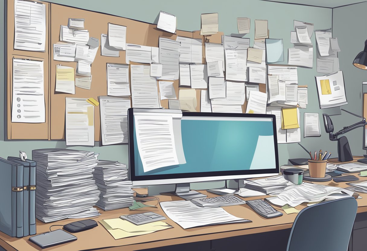 A cluttered office desk with scattered papers and a computer screen displaying a list of common mistakes made by companies when implementing GDPR, surrounded by frustrated employees