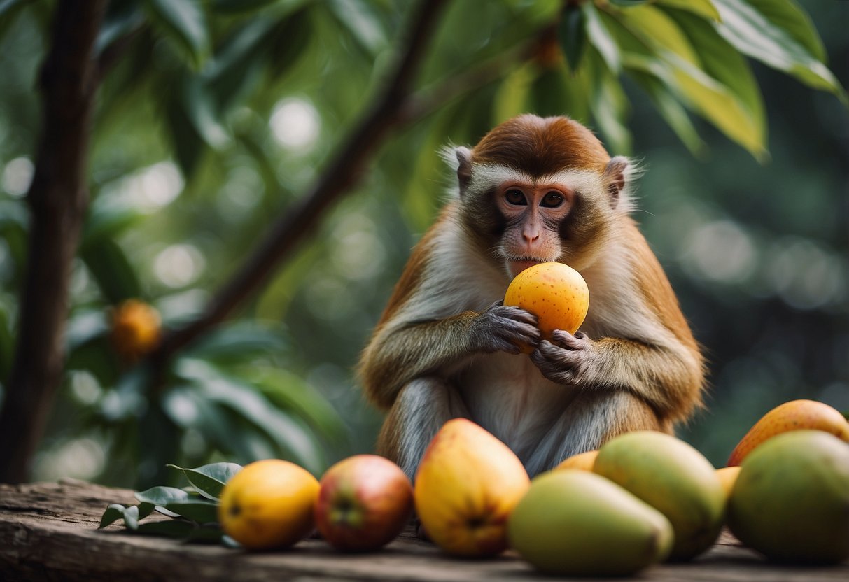 People are playing musical instruments, meditating, and making crafts. A monkey is munching on a mango