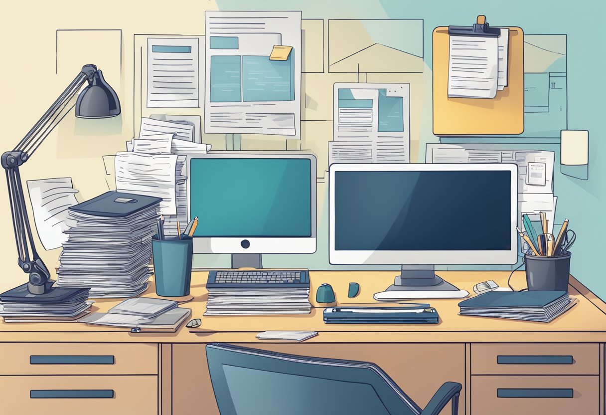 An office desk cluttered with outdated technology and disorganized paperwork, representing common mistakes in implementing GDPR