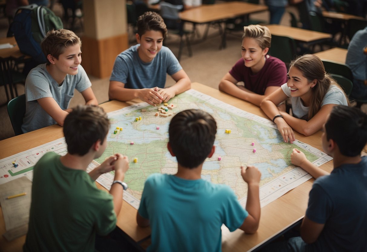 Students engaging in math games, music exploration, and map reading